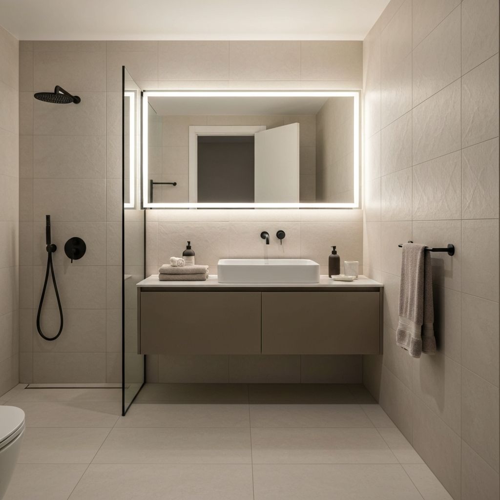 Baño moderno minimalista con griferías en negro mate